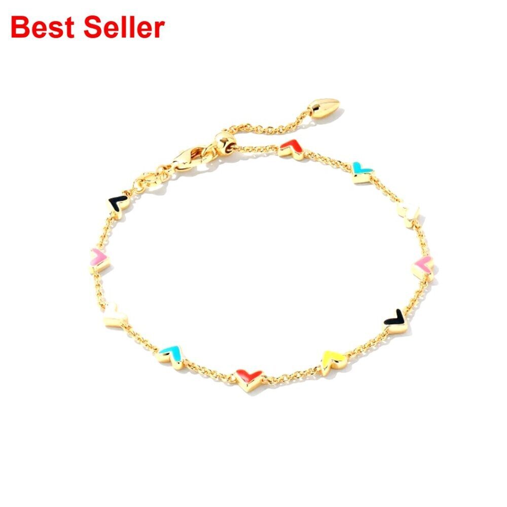 Gold Plated Brass Chain Bracelet with Hand Painted Hearts, Adjustable Lobster